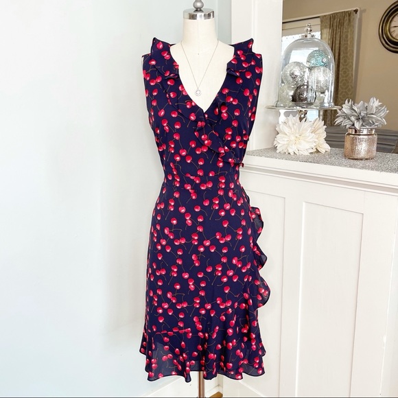 J. Crew Dresses & Skirts - J. Crew Navy Cherry Print Ruffled Wrap Dress New